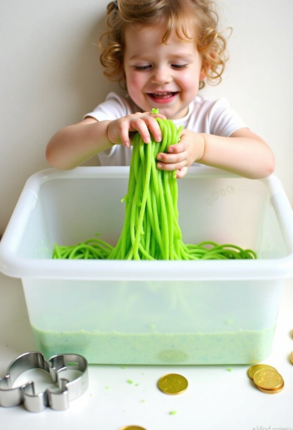 green spaghetti sensory play