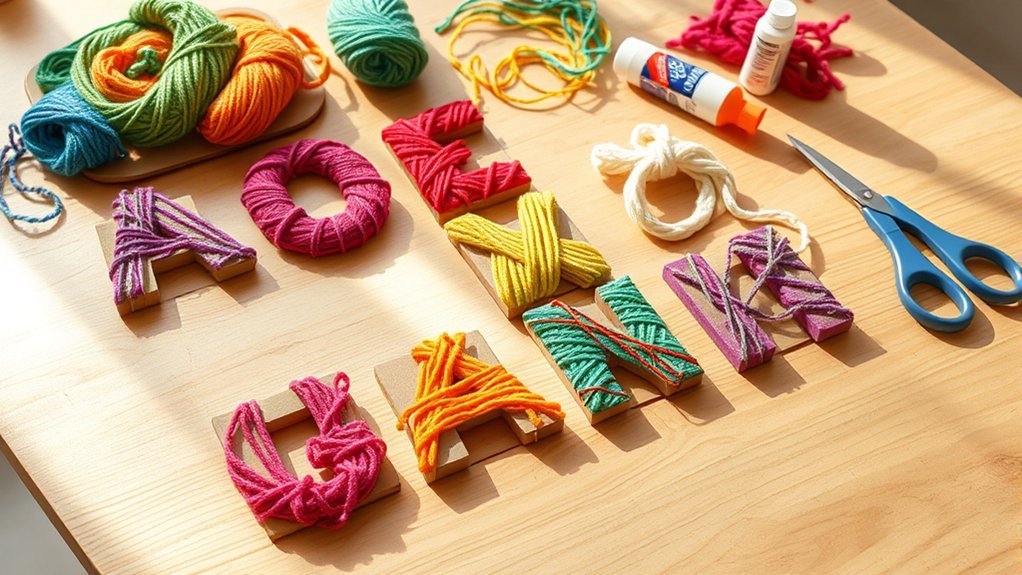 yarn wrapping cardboard letters